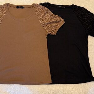 Set of 2 Medium Short Sleeve Lace Waffle Knit Tops, Black, Coffee